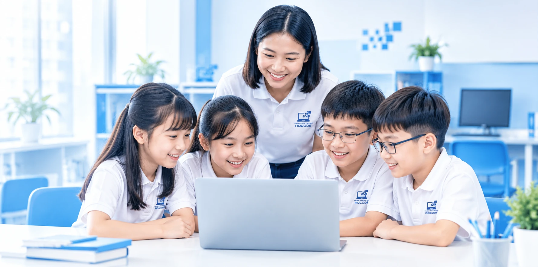 Cô giáo ADCode cùng các bạn nhỏ học trên máy tính